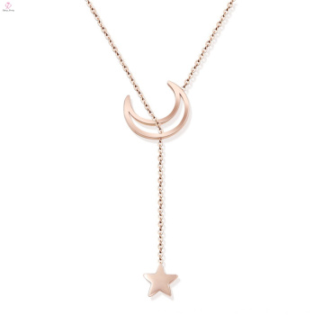 Menina rosa de ouro de aço inoxidável estrela lua colar lariat